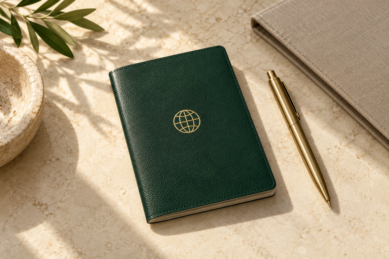 AI-generated unbranded travel booklet and pen; no country or government affiliation